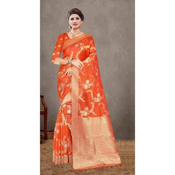 Orange woven organza saree with blouse 1