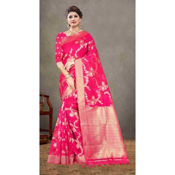 Rani pink woven organza saree with blouse 1