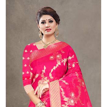 Rani pink woven organza saree with blouse 2