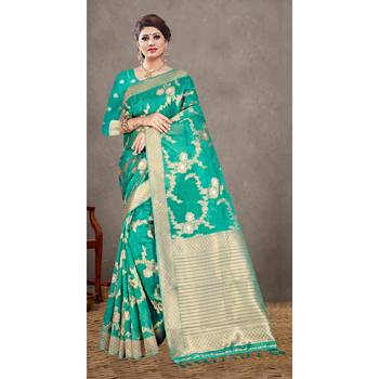 Green woven organza saree with blouse 1
