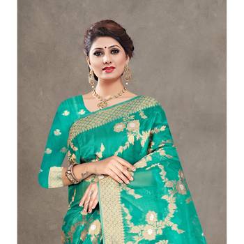 Green woven organza saree with blouse 2