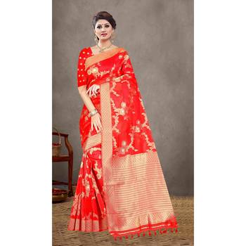 Red woven organza saree with blouse 1