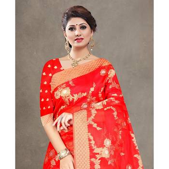 Red woven organza saree with blouse 2