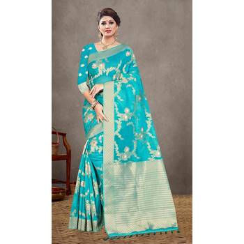 Sky blue woven organza saree with blouse 1