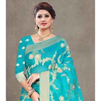 Sky blue woven organza saree with blouse 2