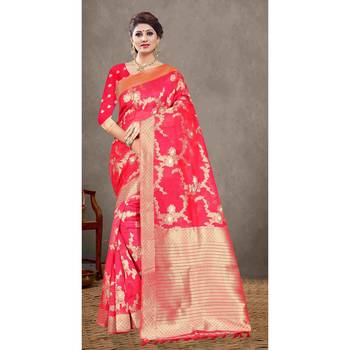 Pink woven organza saree with blouse 1