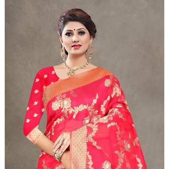 Pink woven organza saree with blouse 2