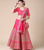 Pink mirror satin semi stitched lehenga