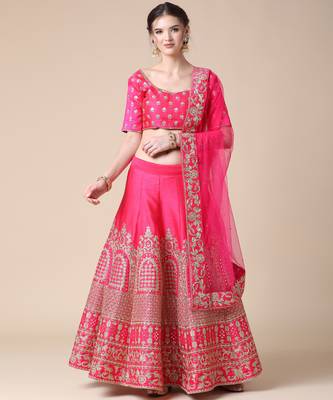 Pink mirror satin semi stitched lehenga 2