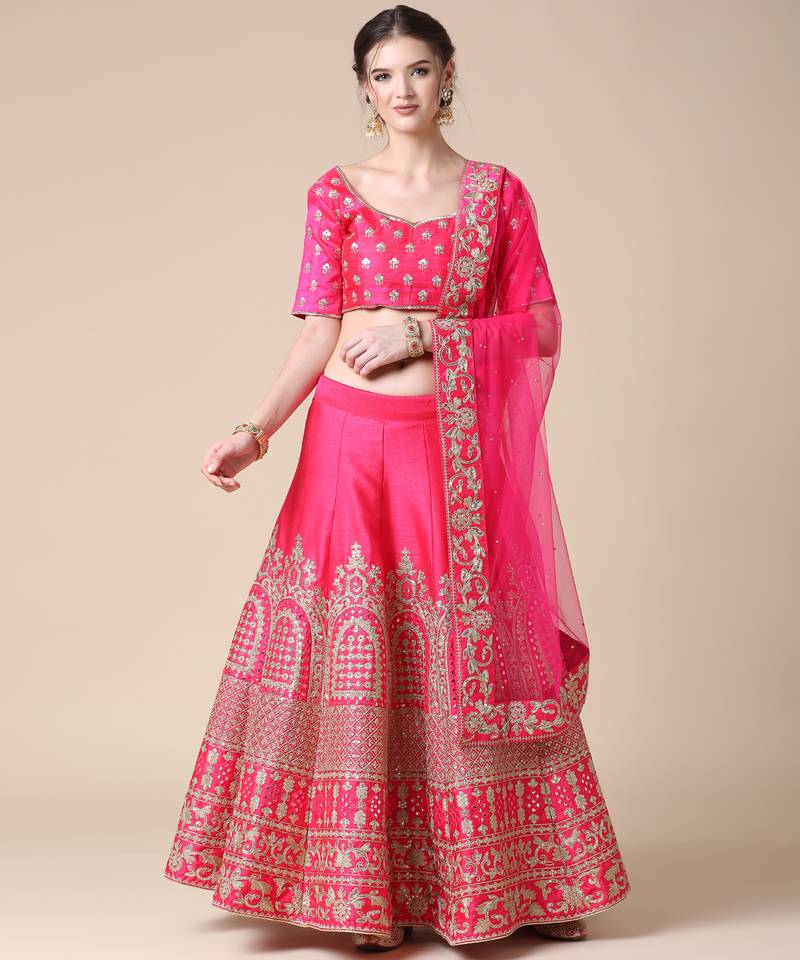 Pink mirror satin semi stitched lehenga