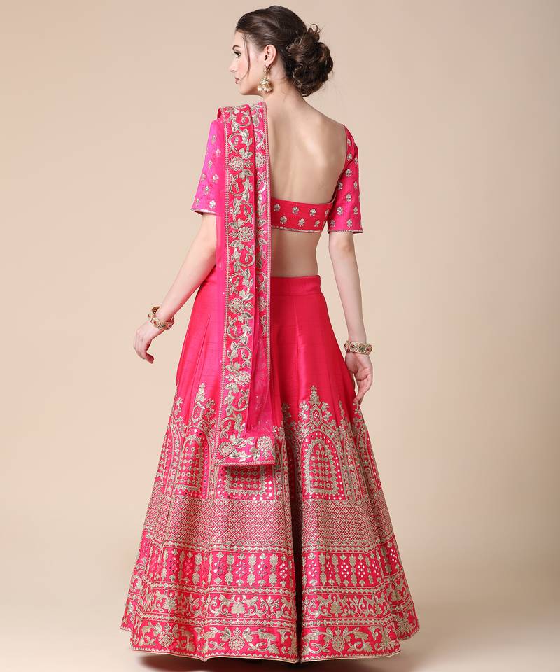 Pink mirror satin semi stitched lehenga