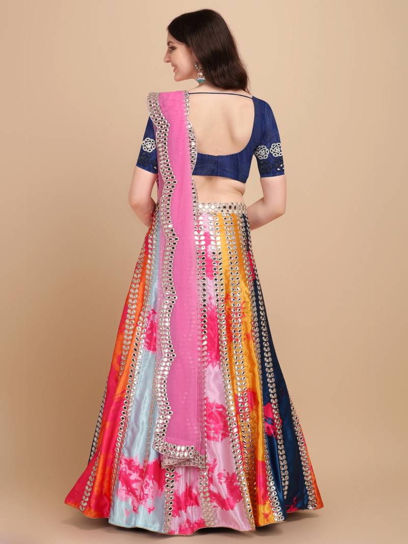 Multicolor mirror satin semi stitched lehenga