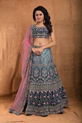 Grey resham embroidery satin semi stitched lehenga 1