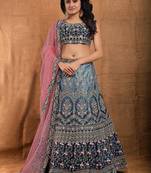 Grey resham embroidery satin semi stitched lehenga