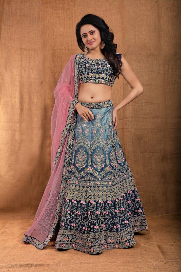 Grey resham embroidery satin semi stitched lehenga