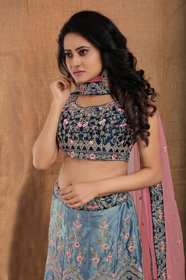 Grey resham embroidery satin semi stitched lehenga