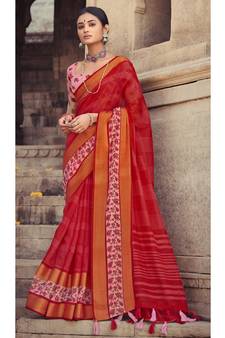 Red printed cotton silk saree with blouse