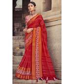 Red printed cotton silk saree with blouse