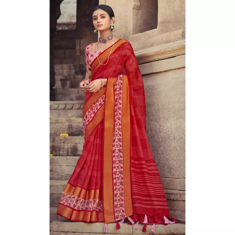 Red printed cotton silk saree with blouse