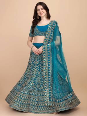 cyan satin sequins work semi stitched half sleeve choli choli & lehenga with dupatta 1