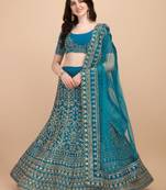 cyan satin sequins work semi stitched half sleeve choli choli & lehenga with dupatta