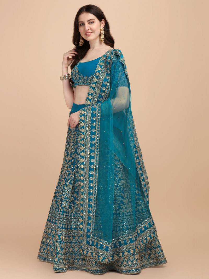 cyan satin sequins work semi stitched half sleeve choli choli & lehenga with dupatta