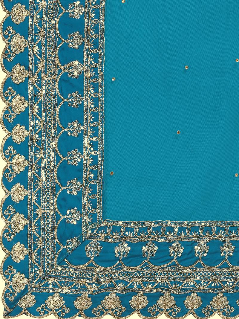 cyan satin sequins work semi stitched half sleeve choli choli & lehenga with dupatta