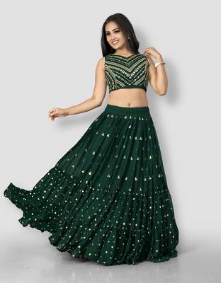 green georgette sequins work semi stitched half sleeve choli choli & lehenga with dupatta 2