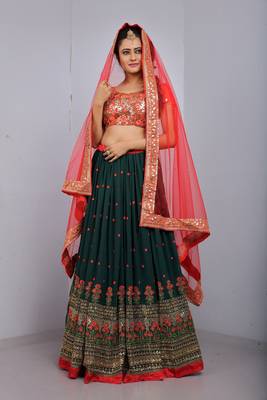 green georgette thread embroidery semi stitched half sleeve choli choli & lehenga with dupatta 1