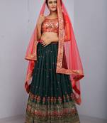 green georgette thread embroidery semi stitched half sleeve choli choli & lehenga with dupatta
