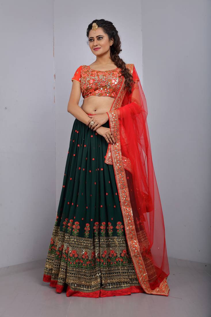 green georgette thread embroidery semi stitched half sleeve choli choli & lehenga with dupatta