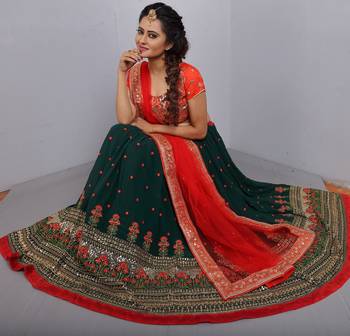 green georgette thread embroidery semi stitched half sleeve choli choli & lehenga with dupatta 3
