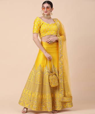 yellow art silk sequins work semi stitched half sleeve choli choli & lehenga with dupatta 1