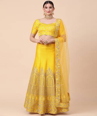 yellow art silk sequins work semi stitched half sleeve choli choli & lehenga with dupatta 2