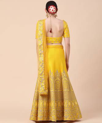 yellow art silk sequins work semi stitched half sleeve choli choli & lehenga with dupatta 3