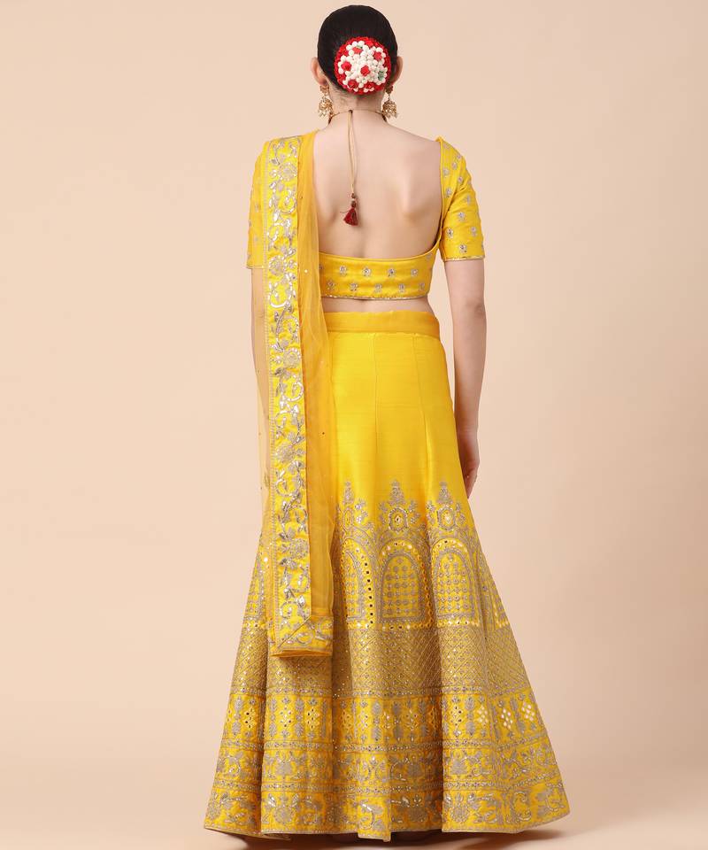 yellow art silk sequins work semi stitched half sleeve choli choli & lehenga with dupatta