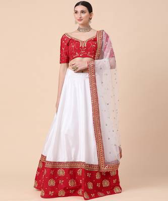off-white silk thread embroidery semi stitched half sleeve choli choli & lehenga with dupatta 1