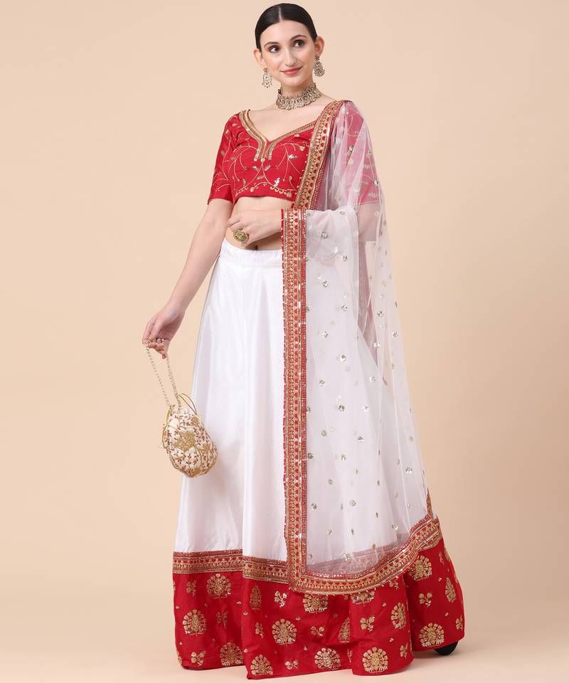 off-white silk thread embroidery semi stitched half sleeve choli choli & lehenga with dupatta