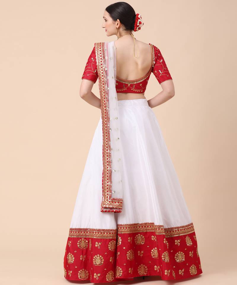off-white silk thread embroidery semi stitched half sleeve choli choli & lehenga with dupatta