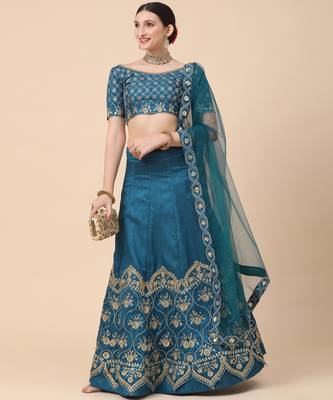 royal-blue silk sequins work semi stitched half sleeve choli choli & lehenga with dupatta 1