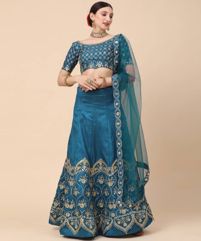 royal-blue silk sequins work semi stitched half sleeve choli choli & lehenga with dupatta
