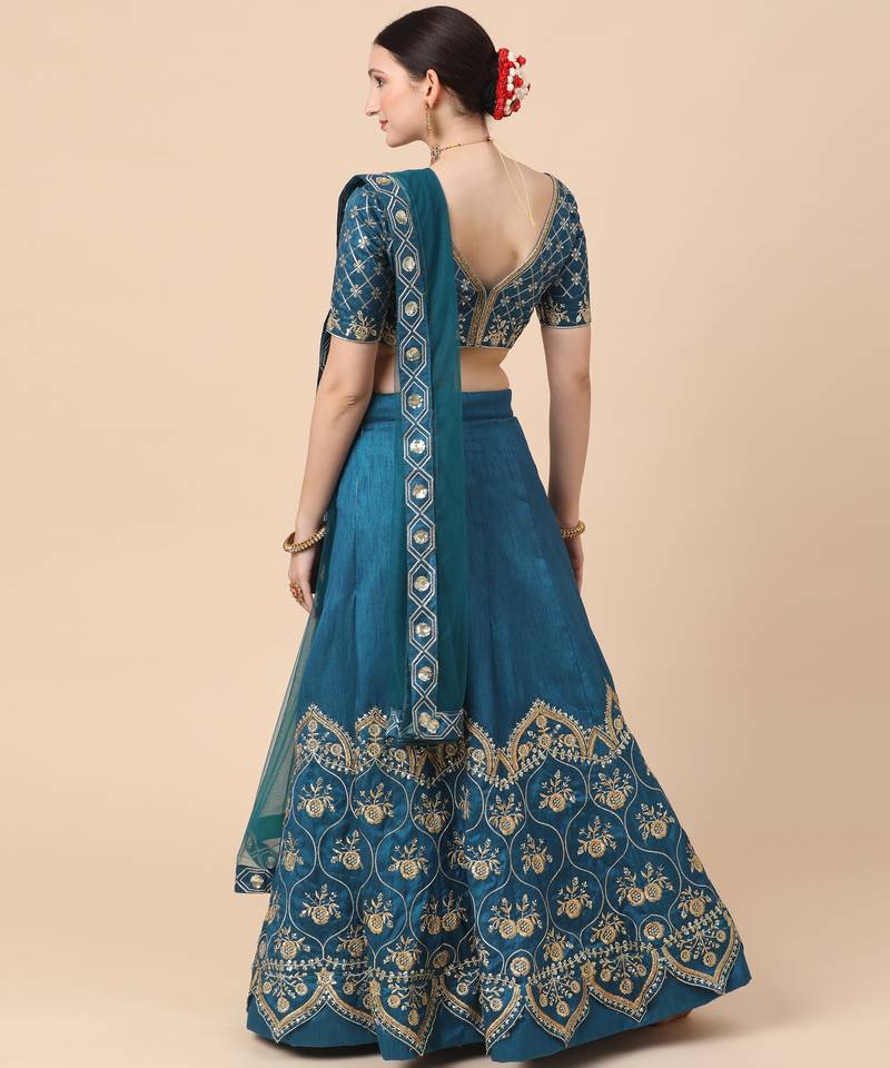 royal-blue silk sequins work semi stitched half sleeve choli choli & lehenga with dupatta