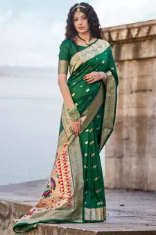 Green woven banarasi silk saree with blouse