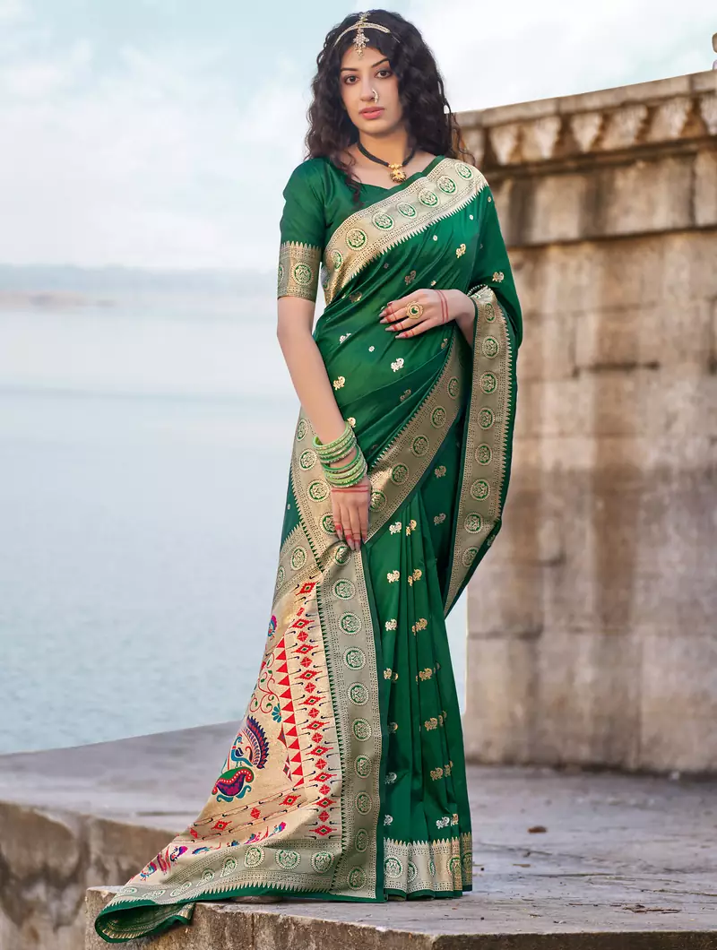 Green woven banarasi silk saree with blouse