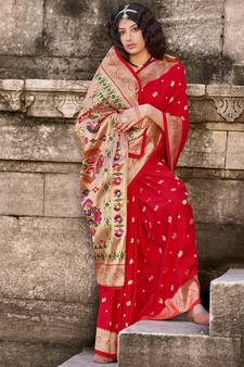 Red woven banarasi silk saree with blouse