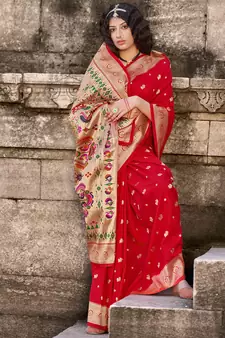 Red woven banarasi silk saree with blouse