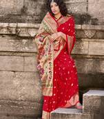 Red woven banarasi silk saree with blouse