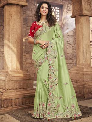 Parrot green embroidered organza saree with blouse 1