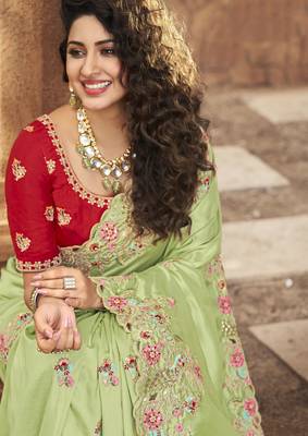Parrot green embroidered organza saree with blouse 2