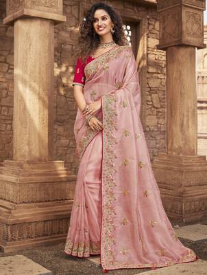 Baby pink embroidered organza saree with blouse 1